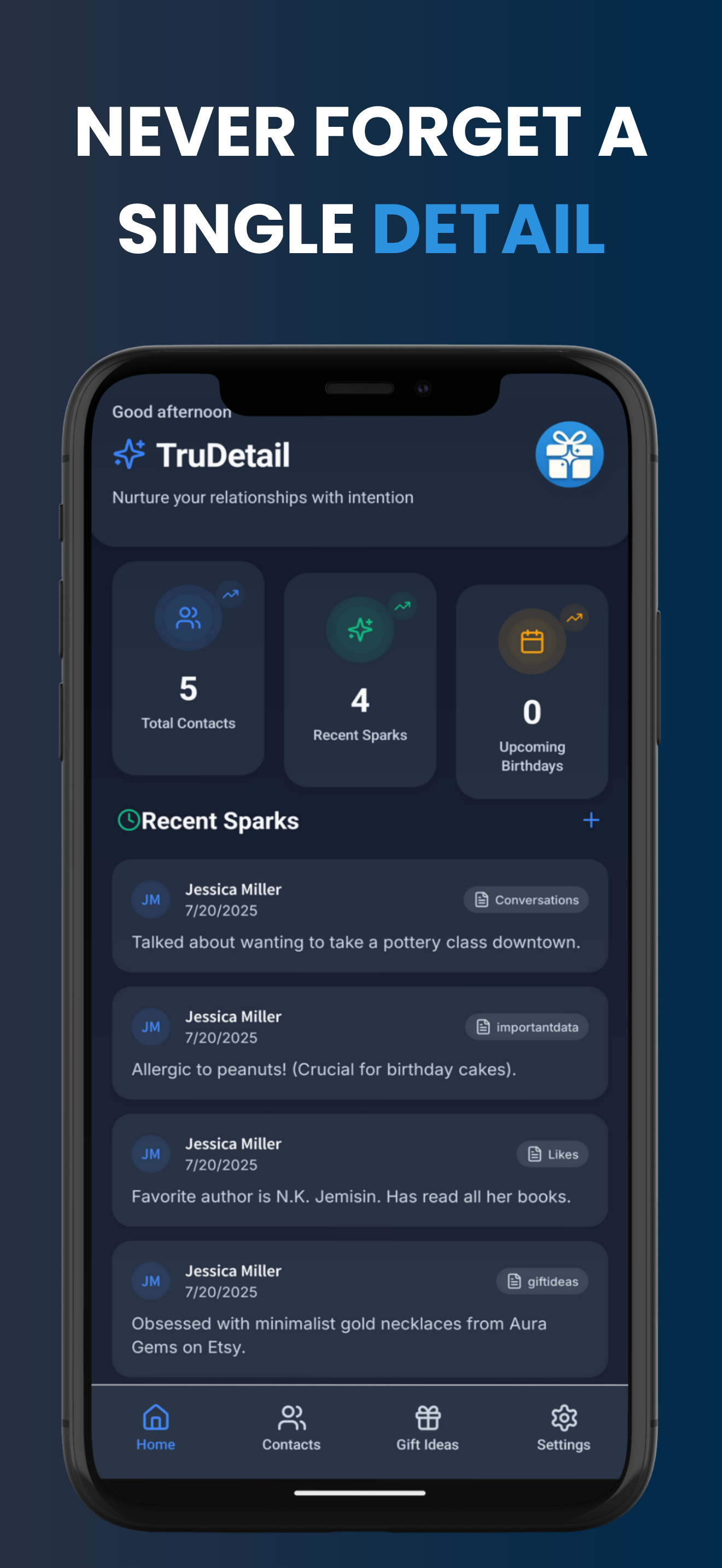 TruDetail app screenshot showing a contact's profile with detailed notes.