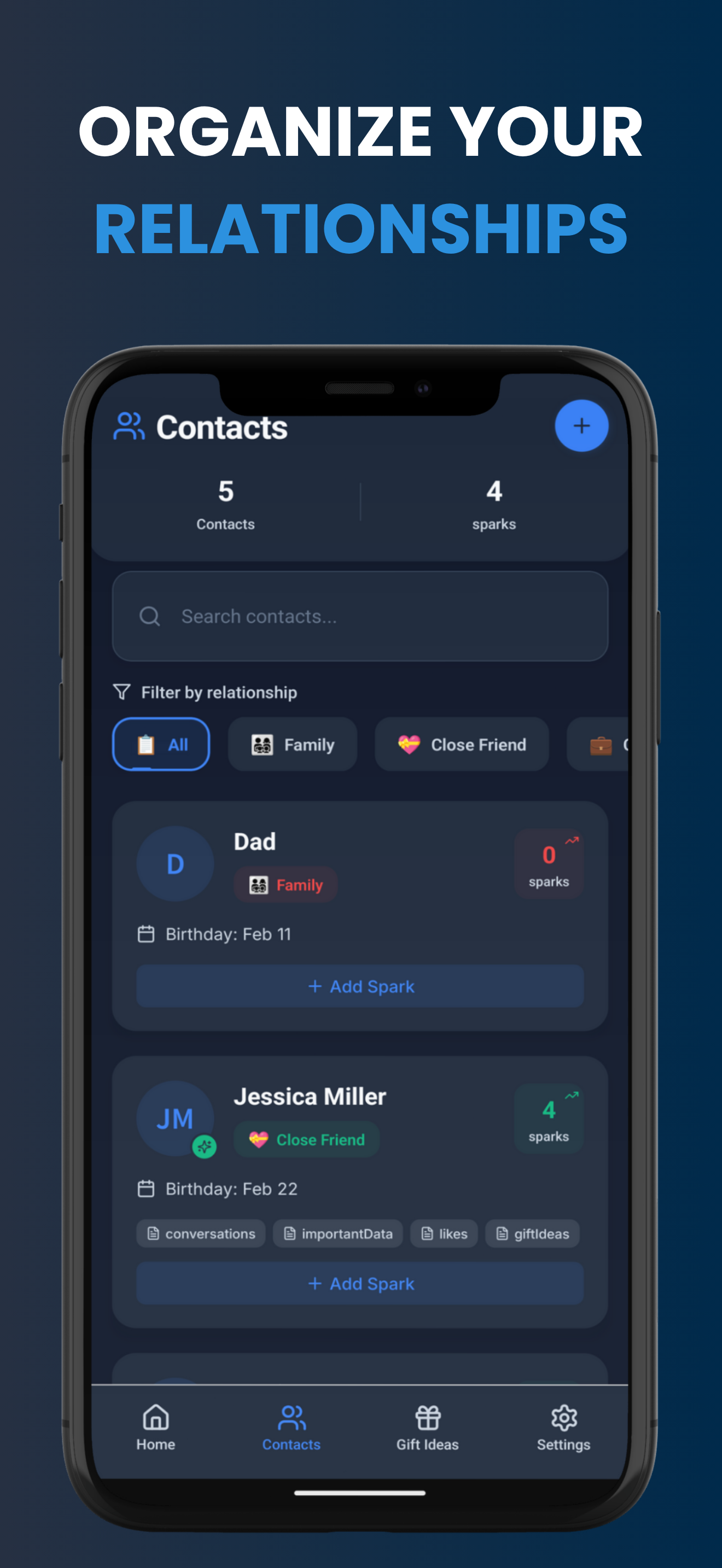 Screenshot of TruDetail's relationship organization feature with tags and categories.