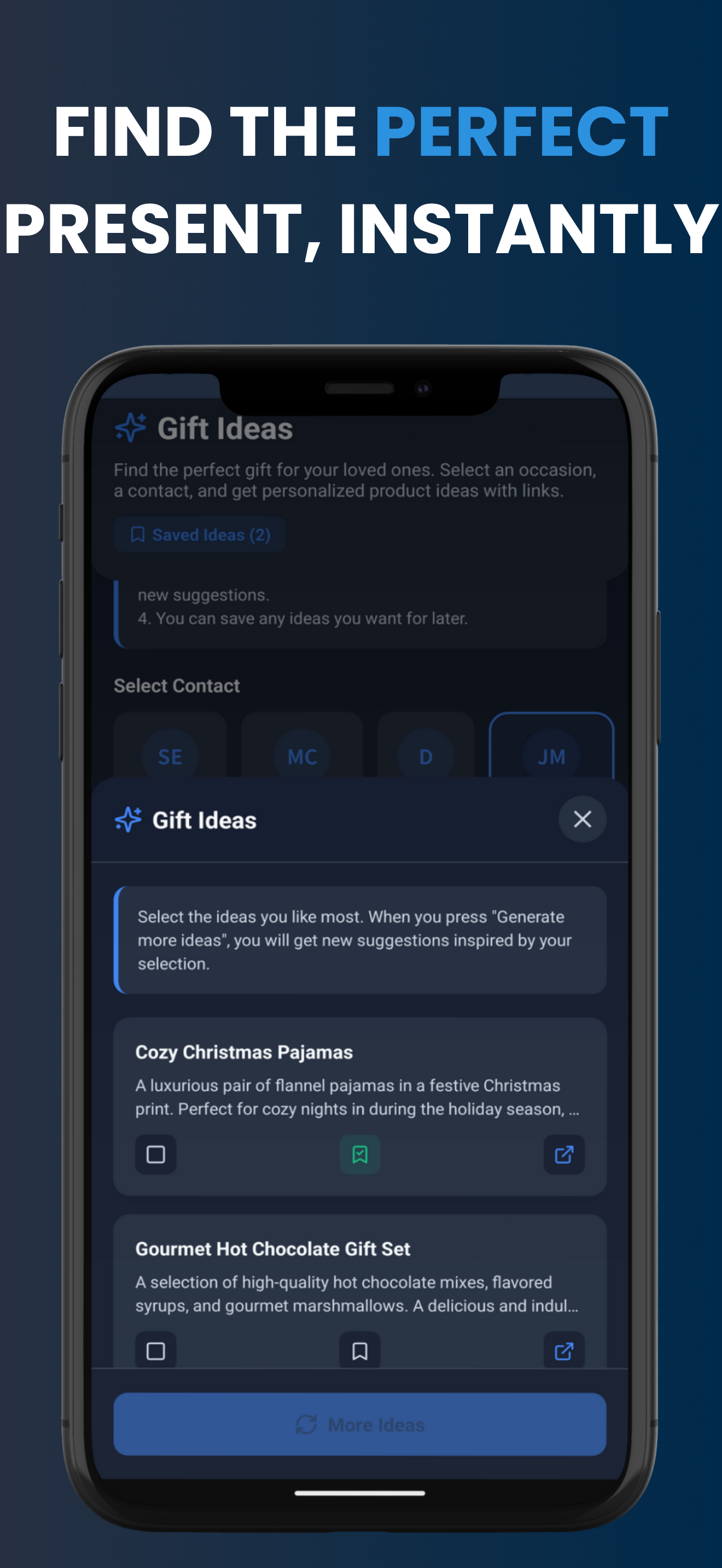 Screenshot demonstrating how to find the perfect present instantly within the app.