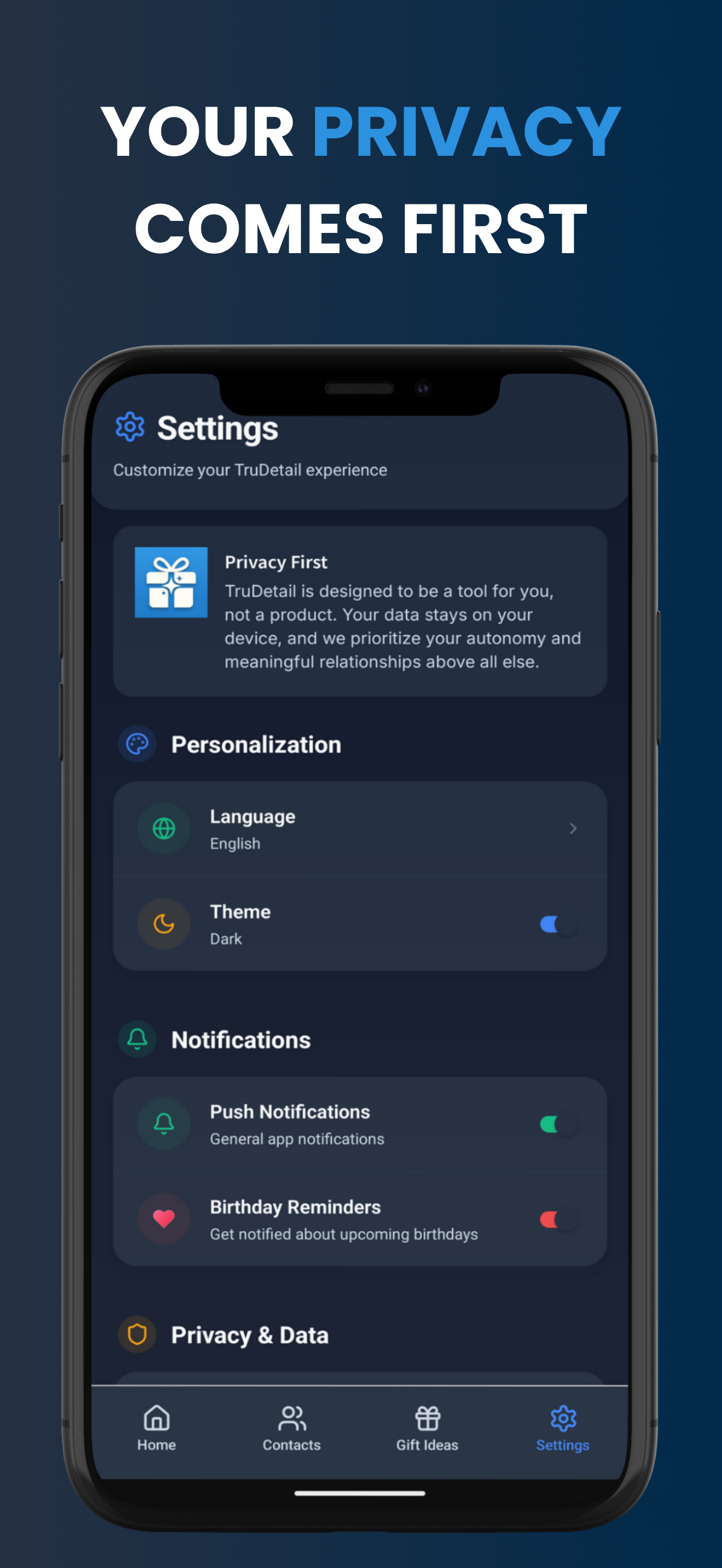 A screenshot highlighting TruDetail's commitment to user privacy and local data storage.