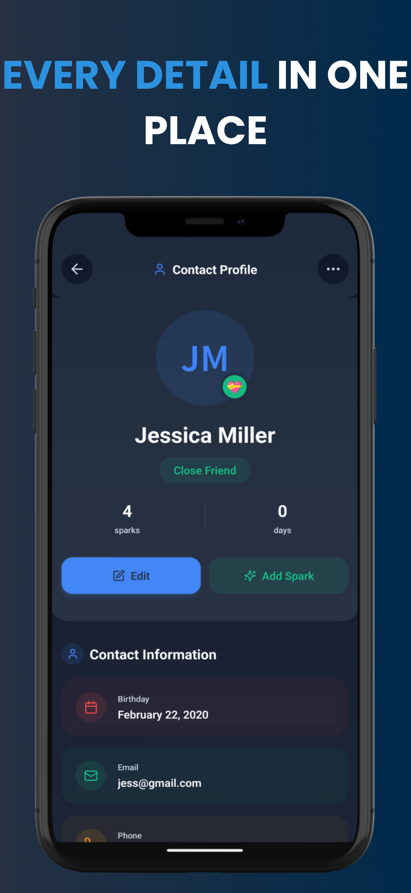 Interface showing how every detail about a contact is kept in one organized place.
